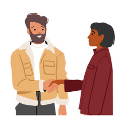Man and woman characters shaking hands showcasing meeting agreement isolated on white background