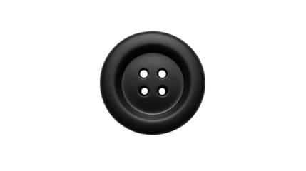 A close up of a single black sewing button with four holes on a black background in a centered viewisolated on transparent background	