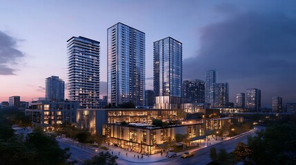 Fototapeta premium Futuristic skyline with illuminated skyscrapers at sunset high resolution picture