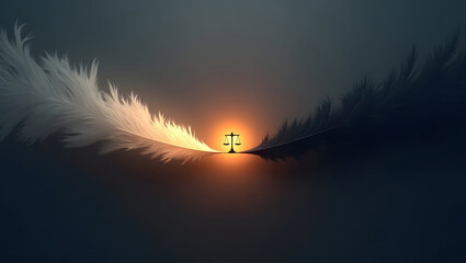 A minimalist banner with white feathers on the left, black feathers on the right, and a scale in the center, symbolizing the moral balance between heaven and hell, with plenty of space for text.