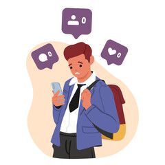 Unhappy schoolboy character looking at phone screen awaiting reactions and comments on social media