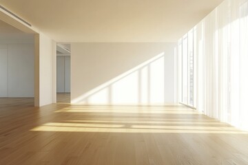 Fototapeta premium Empty Room with Sunlight: An expansive interior showcases a modern, minimalist design with warm sunlight casting shadows across the wooden floors, creating a sense of space and serenity.
