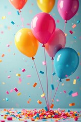 Vibrant confetti rain, colorful balloons float , party, party background