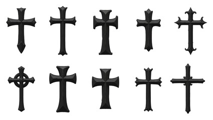 Set of black crosses in grunge style. Hand drawn cross brush strokes. Cross symbols in brush style with black ink marks. Cross graphic symbols. Set of crosses. Vector. Grunge graphic collection.