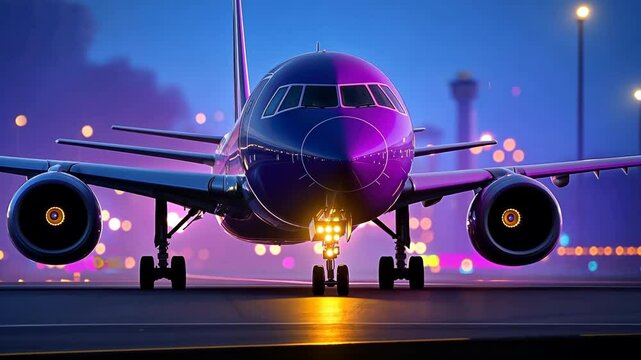 Vibrant Night Scene Commercial Airplane on Runway with Illuminated Engines and Landing Gear, Surrounded by Twinkling Airport Lights and Cityscape, Capturing Allure of Aviation