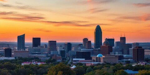 Obraz premium Austin Texas skyline at sunset, showcasing iconic buildings and cityscape, view, austin
