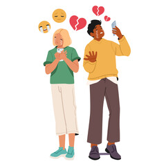 Unhappy teenage boy and girl characters looking at phone screen feeling grief and crying with tears