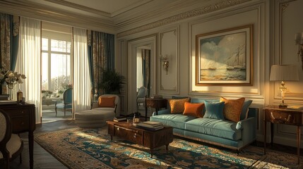 Fototapeta premium Serene Living Room Interior with Sophisticated Design and Warm Natural Light
