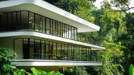 Fototapeta premium Modern minimalist villa nestled in lush greenery showcasing architectural harmony