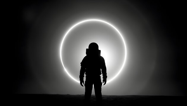 Space travel and space technology: Silhouette of an astronaut in a space suit on the surface of an alien planet against the background of an eclipse of an alien sun