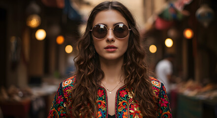 Portrait of a woman with round sunglasses and embroidered jacket in a blurred city setting