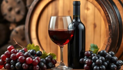 Obraz premium Rich red wine in black bottle & glass, grapes, wooden barrel, dark bottle, wine barrel