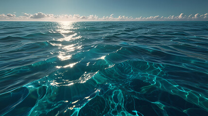 Vast ocean horizon, shimmering turquoise waters, sun reflection on waves, clear blue sky, calm seascape, tropical paradise, sunburst effect, crystal clear water