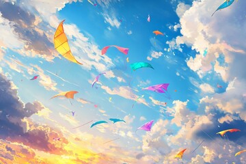Obraz premium Colorful kites soar through a vibrant sky filled with fluffy clouds at sunset