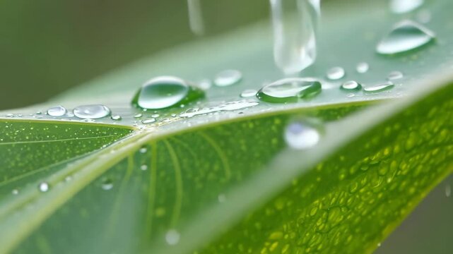 Rain over green leaves