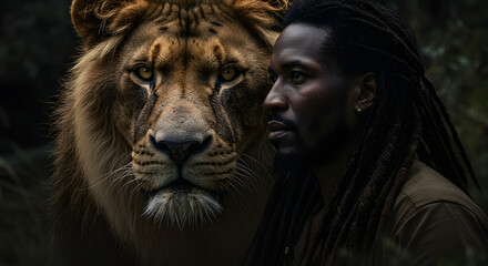 A portrait of a man with dreadlocks and a lion looking forward in a dark background
