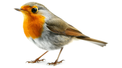 A small bird with a red beak and orange feathers is standing on a white background. The bird appears to be looking at the camera, and its posture suggests that it is alert and attentive