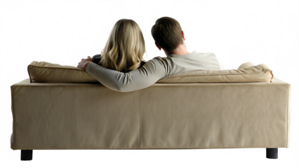 couple sitting on couch back view isolated on white background PNG. GENERATIVE AI