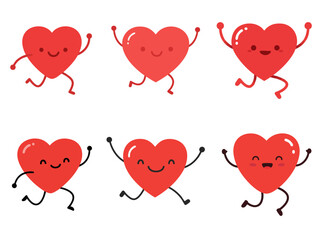  minimalist heart character set with arms and legs, jumping joyfully, solid red color, vector design