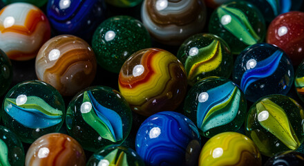 A close up shot of many colorful marbles with unique patterns and swirls filling the entire frame