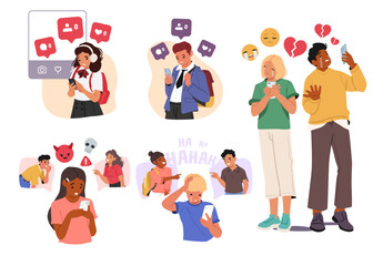 Sad teenagers looking at phone feeling unhappy due to dislike, no reaction and cyber bullying set