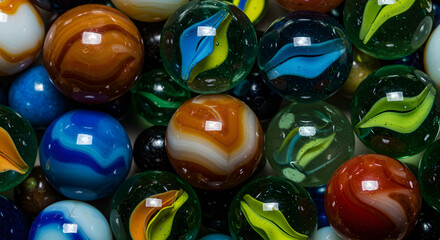 A close up shot of many colorful glass marbles with unique patterns and designs filling the frame well