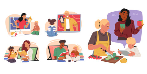 Online babysitting service set with friendly professional nanny playing with little children