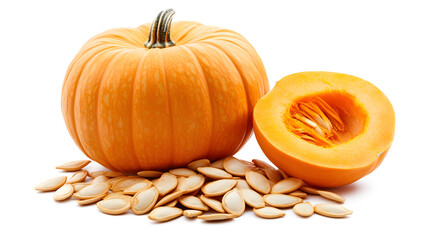 A pumpkin and pumpkin seeds are on a white background. The pumpkin is large and orange, and the seeds are scattered around it. Concept of abundance and harvest, as the pumpkin