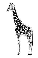 Naklejka premium Black and white Standing Giraffe vector style illustration isolated on white background