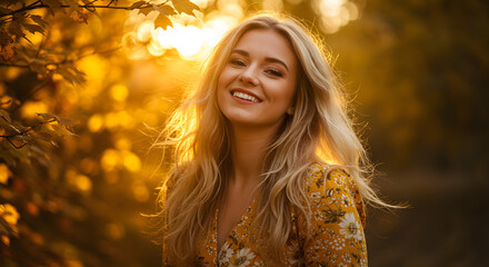 Portrait of a smiling blonde woman in a floral dress during golden hour in an autumnal setting