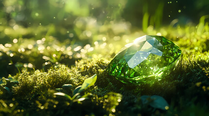 Glittering gemstone embedded in the soil of a lush green meadow, verdant, meadow, gemstone. Glistening Roots. Illustration