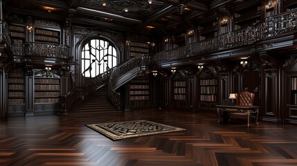 Grand, dark wood library with spiral staircase, ornate details, and extensive book collection