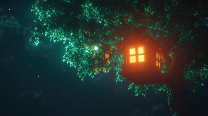 Obraz premium Nestled in the dark woods, a radiant treehouse shines brightly under the night sky