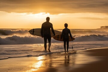 Father and son surfers outdoors surfing nature.