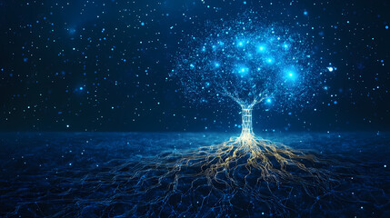 In a starry night sky, a shining digital tree with bright branches and roots symbolizes the expansion of technology and interconnectedness. Glistening Roots. Illustration