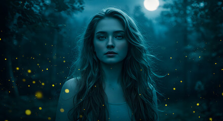 Portrait of a woman with long hair in a dark forest illuminated by fireflies and a full moon above her