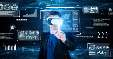 Smart business man with goggles working while using AI technology. Manager accessing at global...
