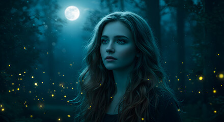 Portrait of a woman with long wavy hair in a forest at night with a full moon and fireflies around her