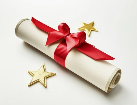 Rolled diploma with red ribbon and gold stars