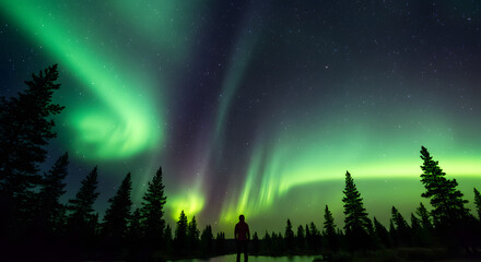 A person standing under the vibrant green aurora borealis with silhouette of trees at night sky