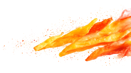 A vibrant splash of orange paint on a white background. The paint is splattered and streaked, creating a dynamic and energetic composition. The contrast between the bright orange