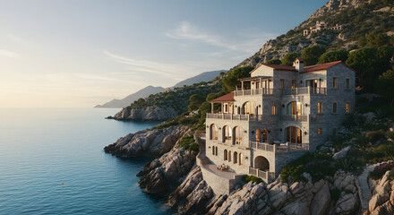 Stone villa perched on a cliff overlooking the ocean with mountains in the background at sunset