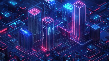 Fototapeta premium Futuristic city, isometric, glowing, technology, background, digital art, stock photo, cityscape