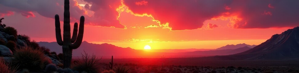 Fototapeta premium Dramatic saguaro cacti stand against a vibrant Arizona sunset, shadows lengthening , sunset, cactus