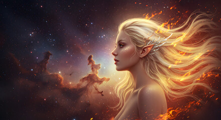 Profile of a fantasy elf woman with blonde hair and flames against a nebula background