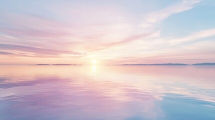 Fototapeta premium A serene illustration of a pastel gradient sunset sky perfectly reflected in still water. A beautiful and tranquil abstract background for summer, calm, and wellness themes