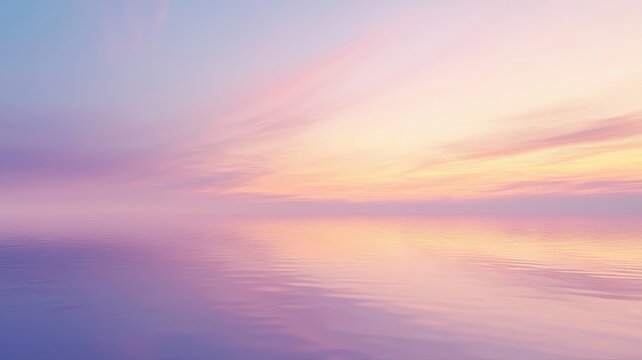 A serene illustration of a pastel gradient sunset sky perfectly reflected in still water. A beautiful and tranquil abstract background for summer, calm, and wellness themes