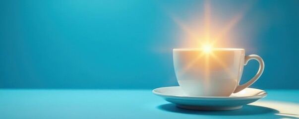 Radiant sun shines on a pristine white cup against a vibrant blue backdrop , design, shadow