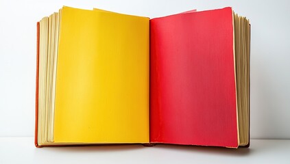 An open book with colorful pages, on a white background. The left page is yellow,