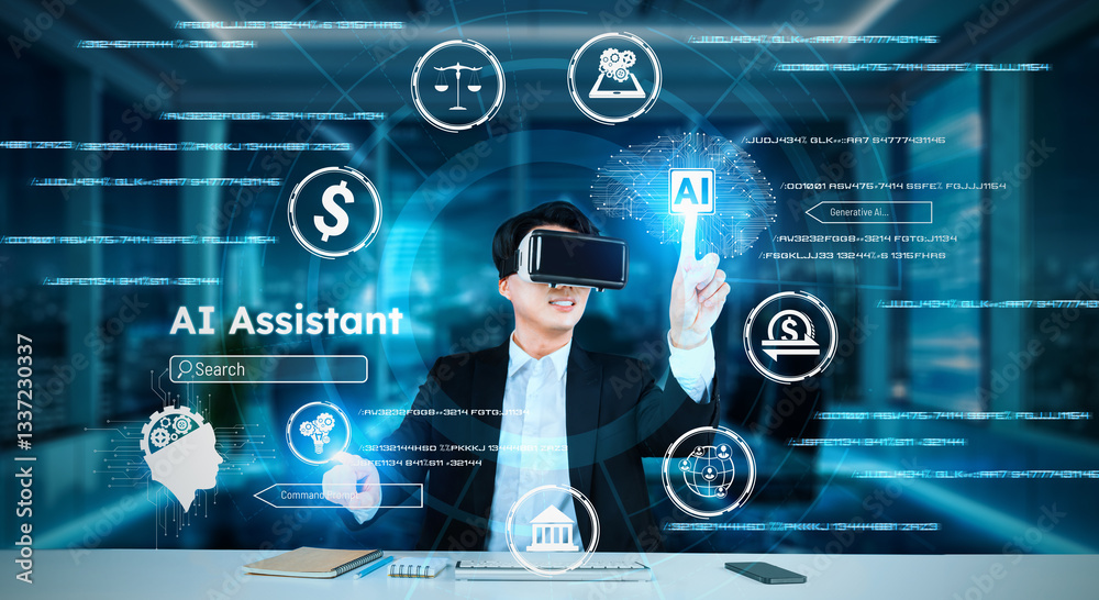 Poster business man with goggles working while using ai technology. project manager with formal suit checki